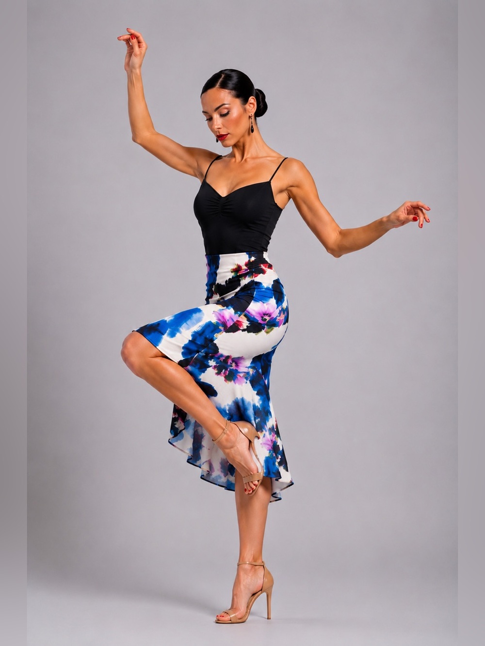 High Low Argentinian Tango Dance skirt Floral V-Shape Waist